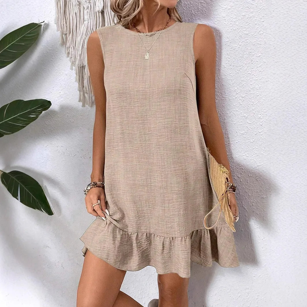 Ruffled Round Neck Mini Dress — Slim Fit Sleeveless High Waist Streetwear