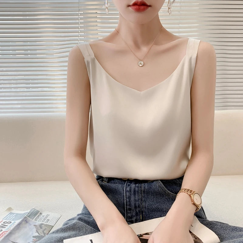 Silk Satin V-Neck Camisole — Loose Thin Vest