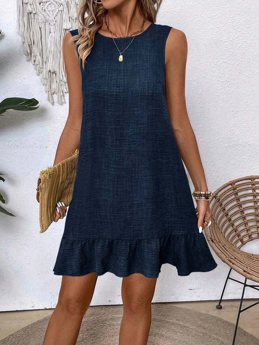 Ruffled Round Neck Mini Dress — Slim Fit Sleeveless High Waist Streetwear