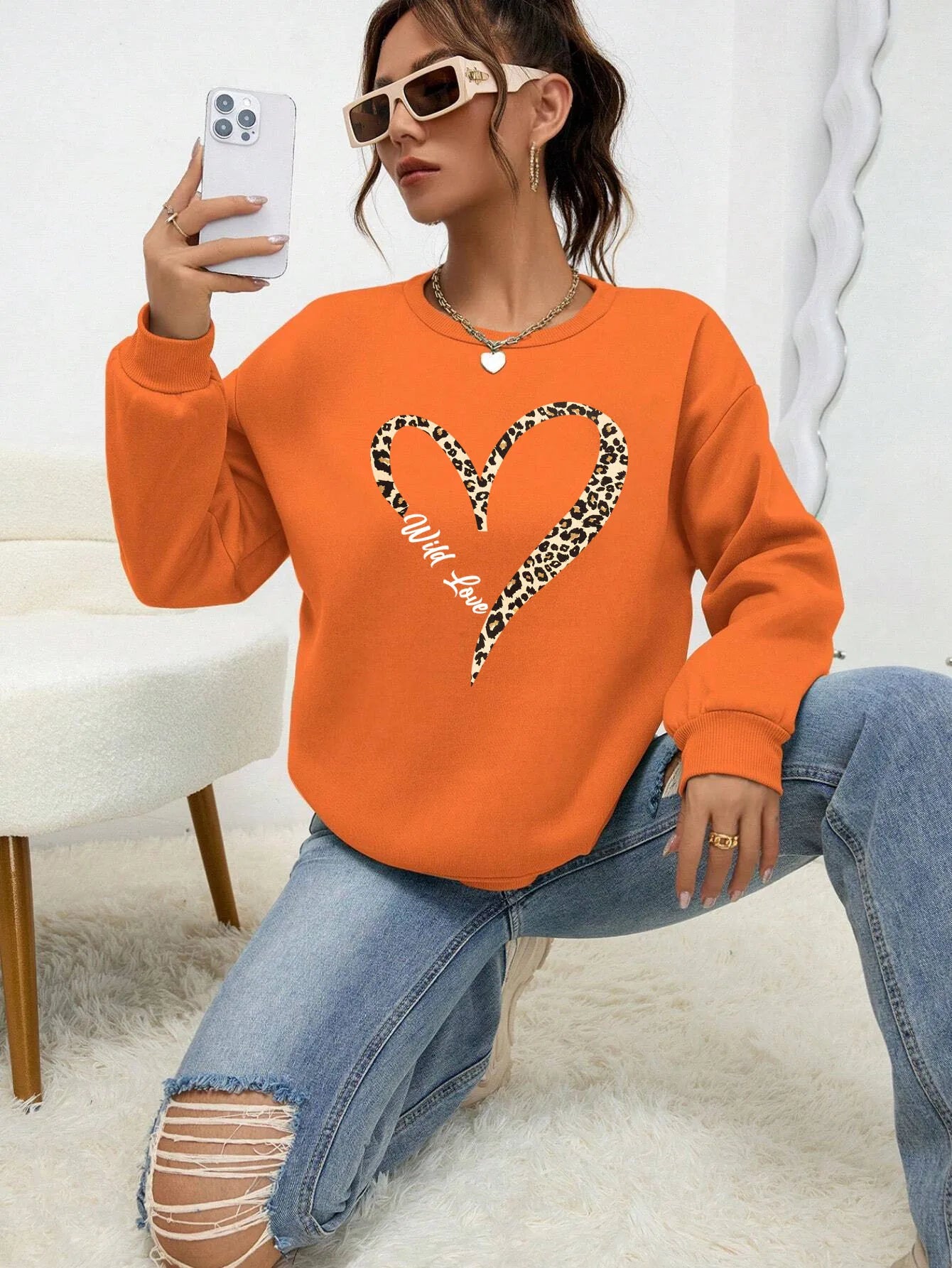 Leopard Heart Crewneck — Fur-Lined Sweatshirt, Urban Wild Print