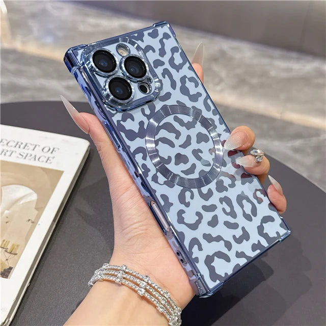 MagSafe Leopard Print Case – iPhone 13 to 16 Pro Max | Magnetic Frame + Luxury Finish