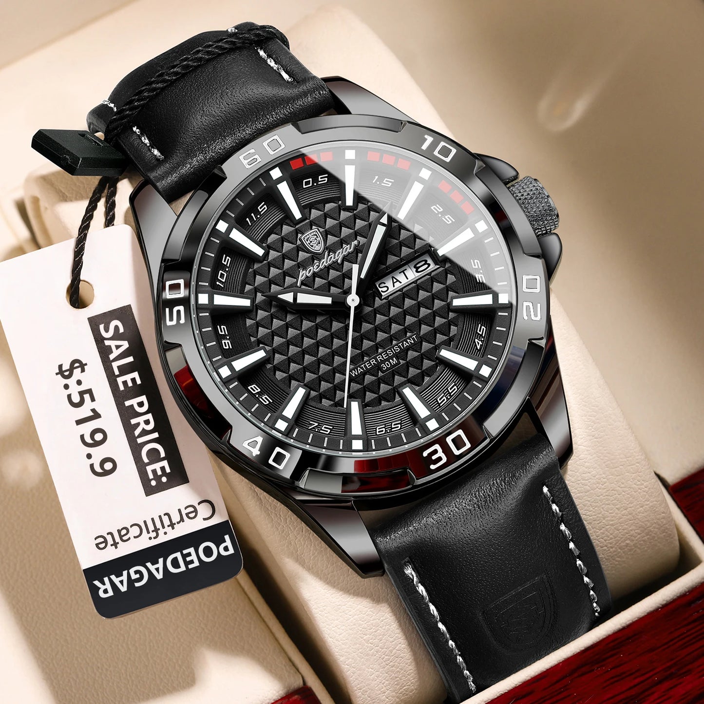 Luxury Quartz Watch – Waterproof, Luminous Dial, Date Display, Leather Strap