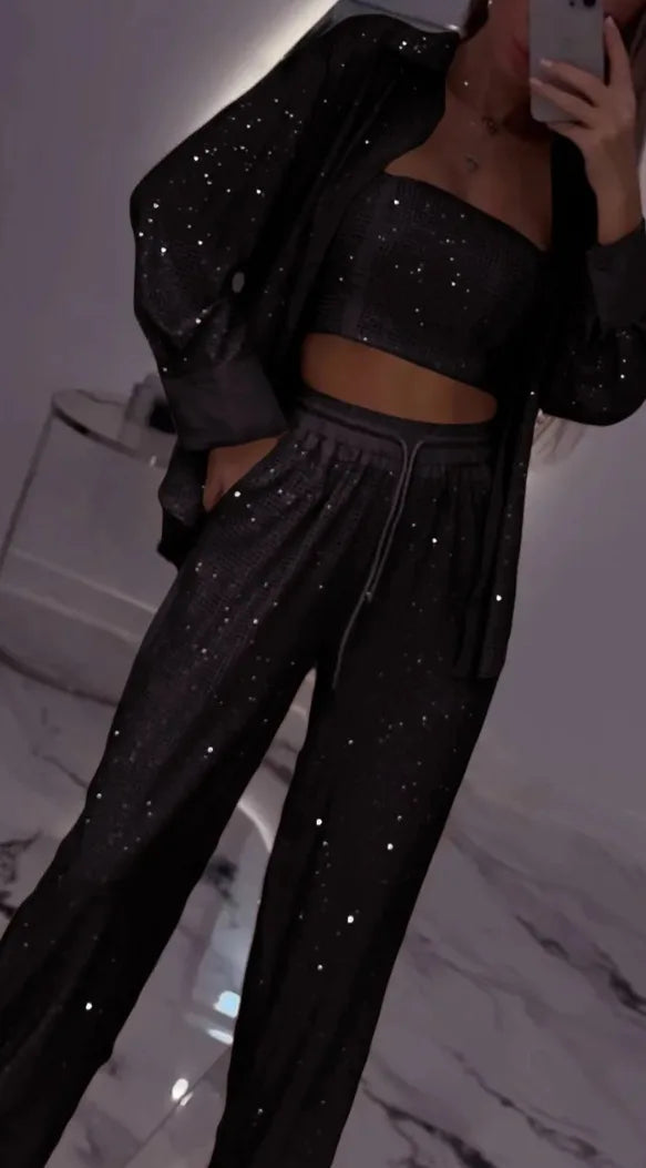 Sequin Shirt & Wide-Leg Trousers Set