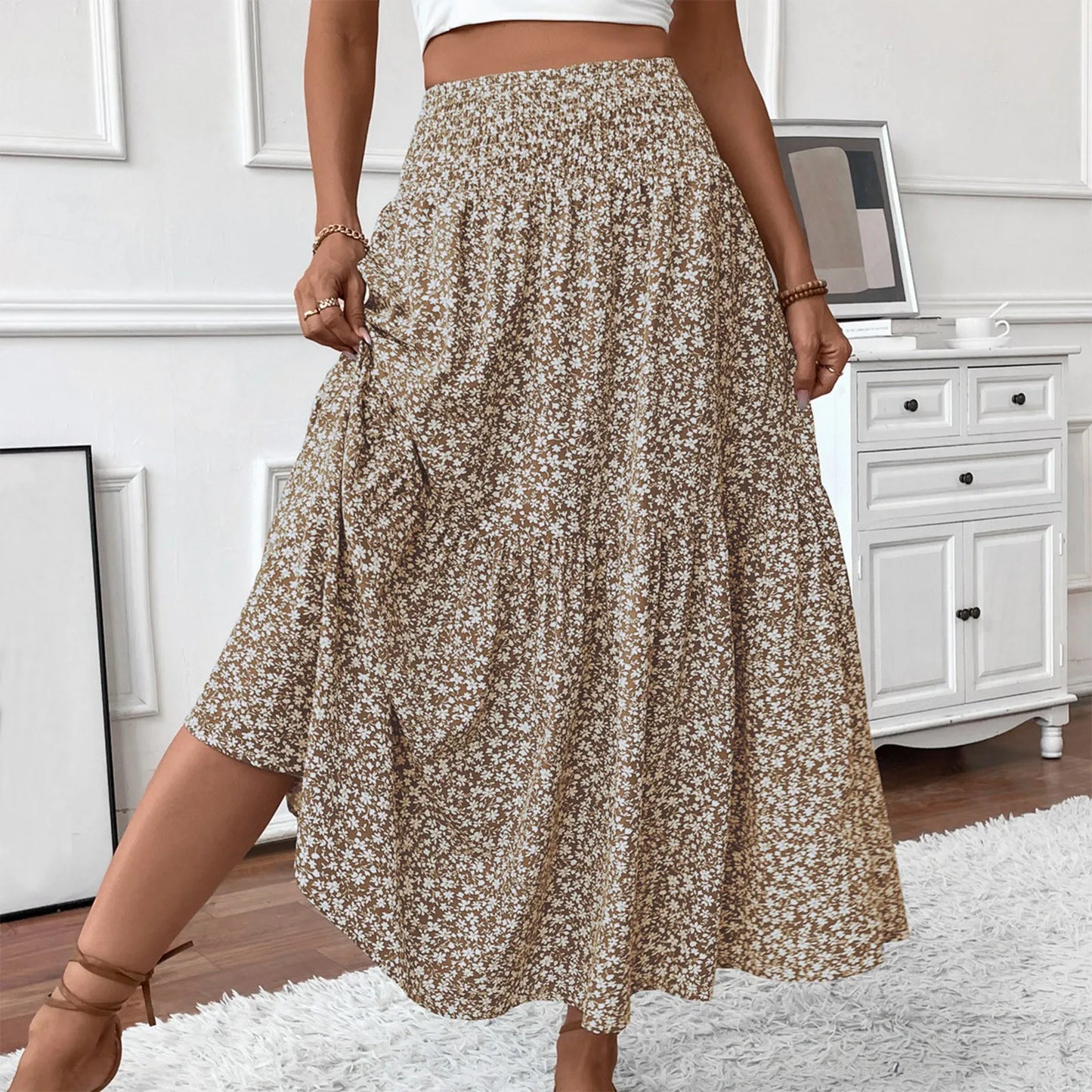 Pleated Floral Print A-Line Skirt — Elastic Waist Casual