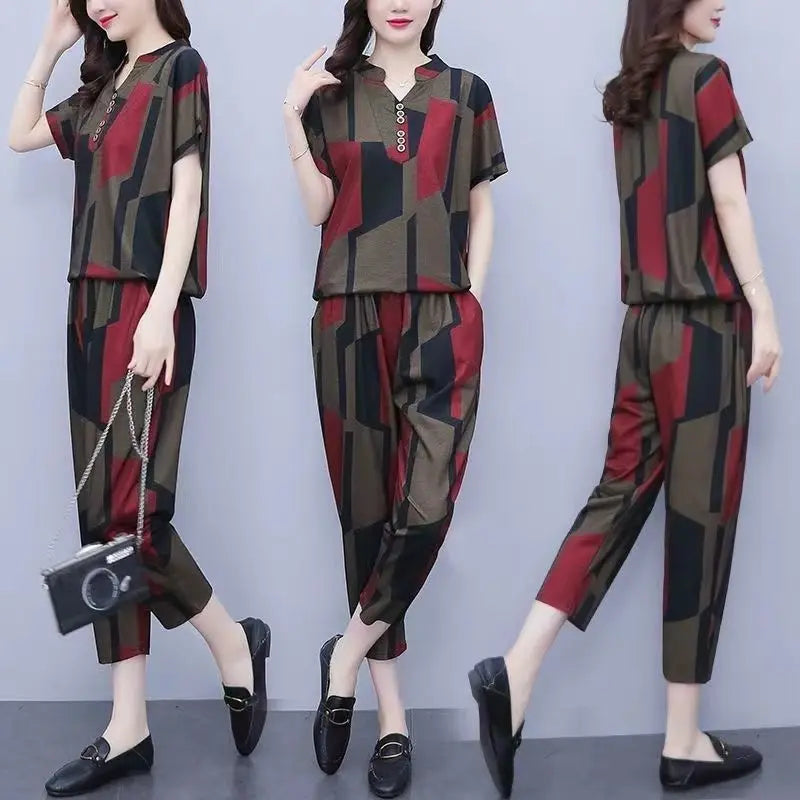 Casual Plus Size Short Sleeve Top & Harun Pants Set – Two Piece