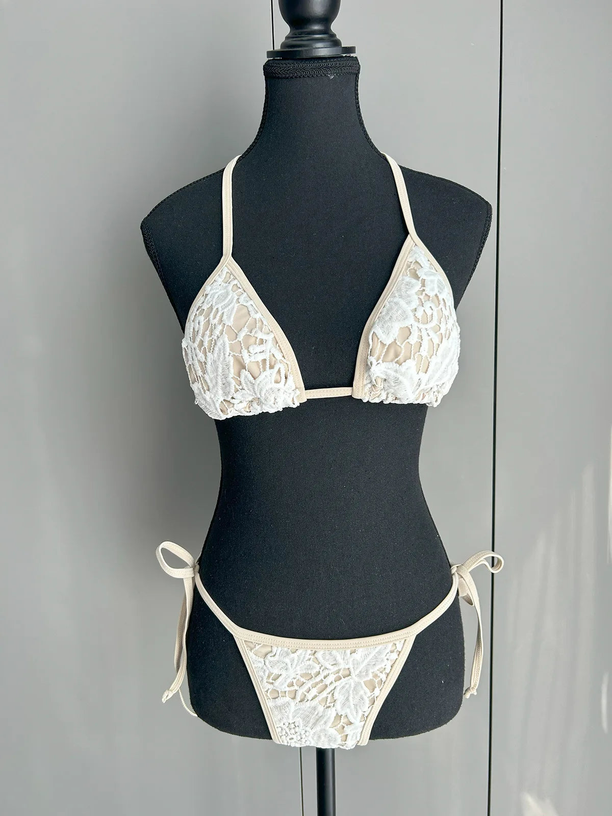 3-Piece Lace Bikini Set with Halter Top & Skirt