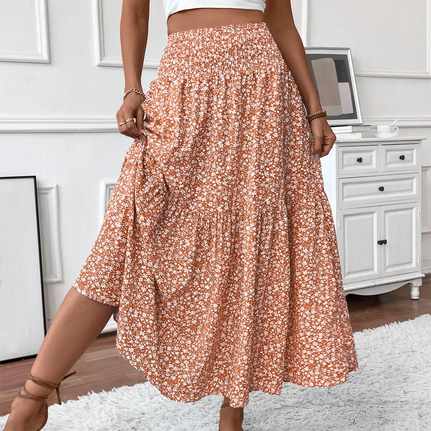 Pleated Floral Print A-Line Skirt — Elastic Waist Casual