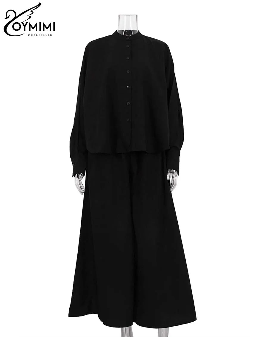 Black Two Piece Set – O-Neck Button Shirt & Loose Trousers