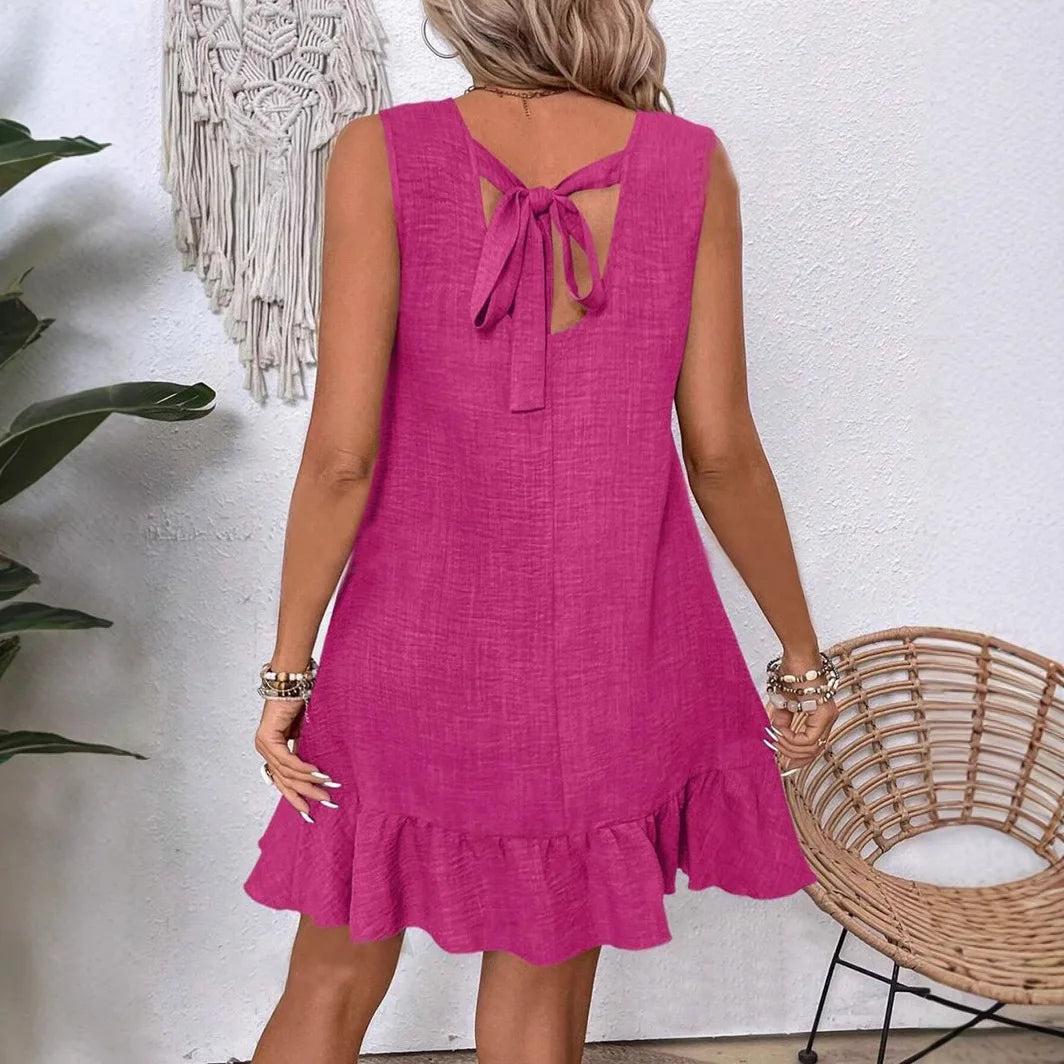 Ruffled Round Neck Mini Dress — Slim Fit Sleeveless High Waist Streetwear