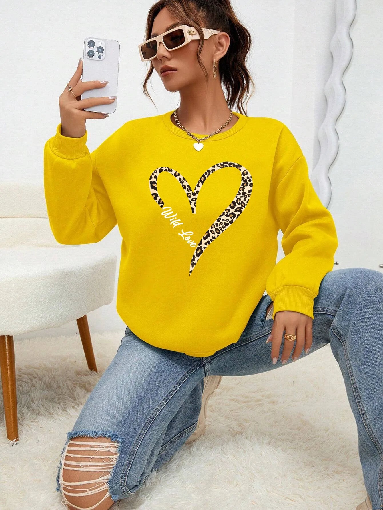 Leopard Heart Crewneck — Fur-Lined Sweatshirt, Urban Wild Print