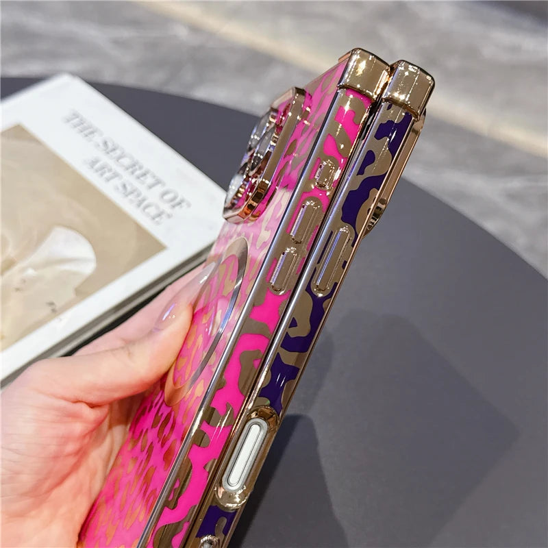 MagSafe Leopard Print Case – iPhone 13 to 16 Pro Max | Magnetic Frame + Luxury Finish