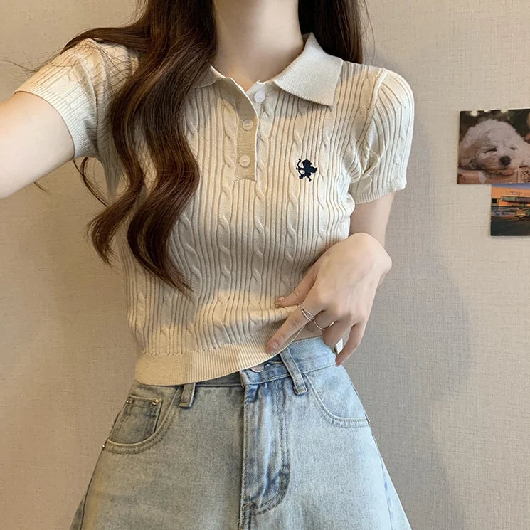 Embroidered Polo T-shirt — Retro Slim Fit Knit Top