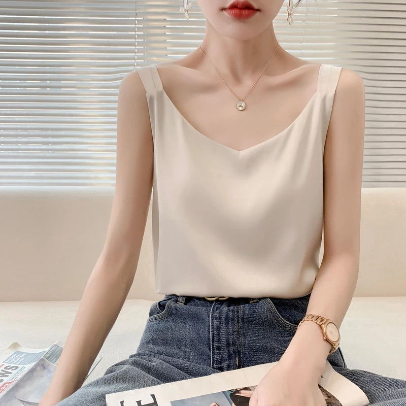 Silk Satin V-Neck Camisole — Loose Thin Vest