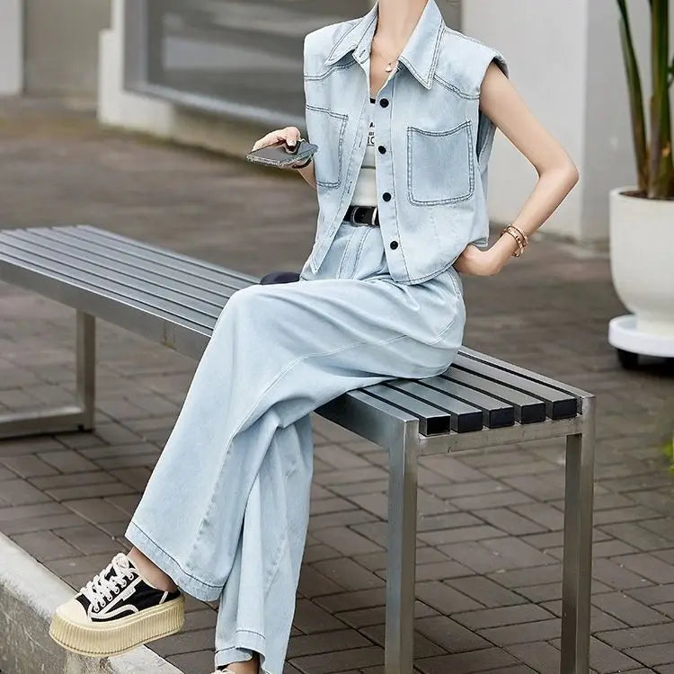 Denim Wide Leg Pant Set – Relaxed Fit
