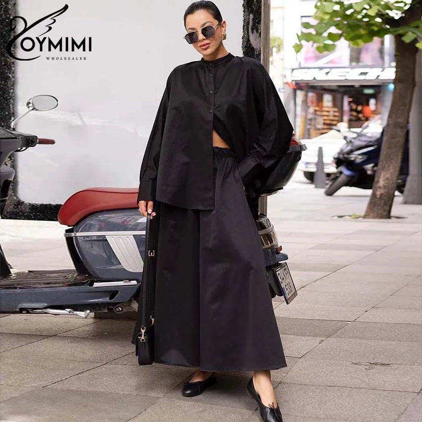 Black Two Piece Set – O-Neck Button Shirt & Loose Trousers