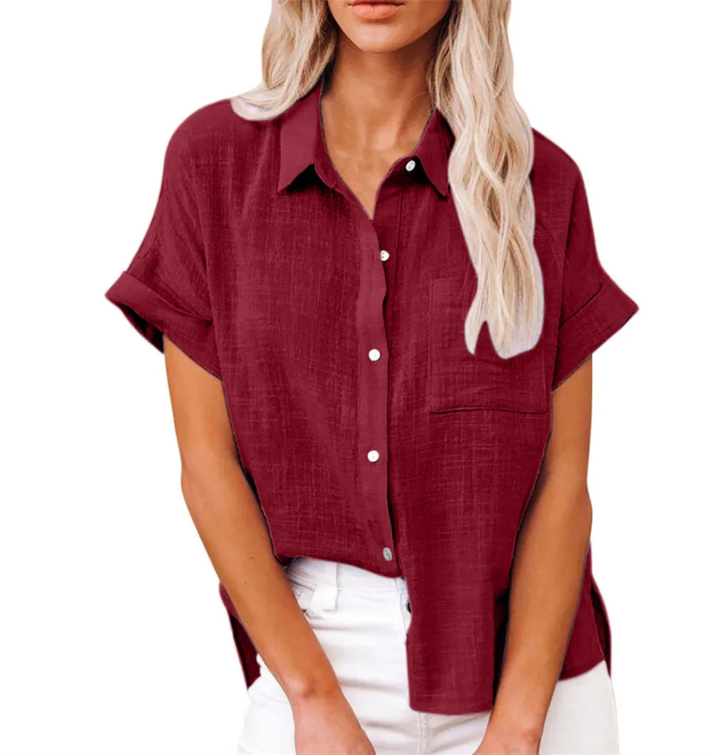 Classic V-Neck Blouse — Short Sleeve, Loose Fit, White