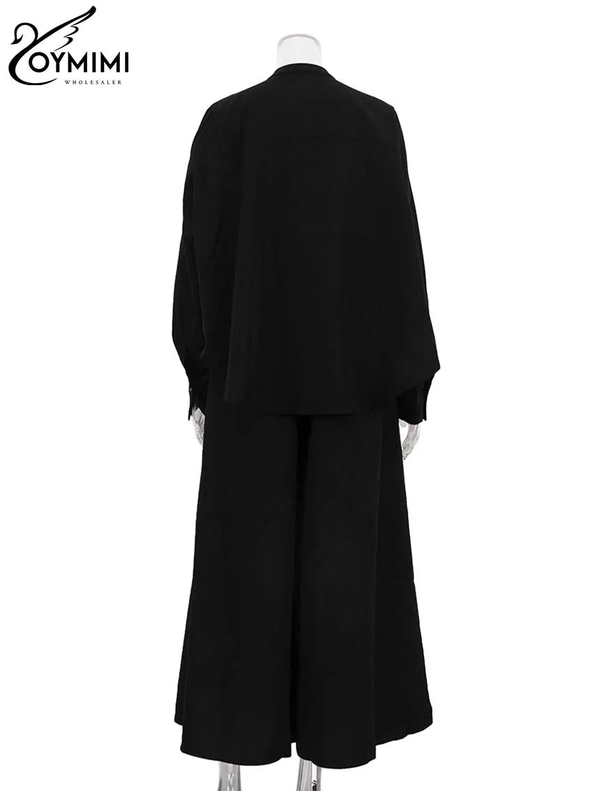 Black Two Piece Set – O-Neck Button Shirt & Loose Trousers