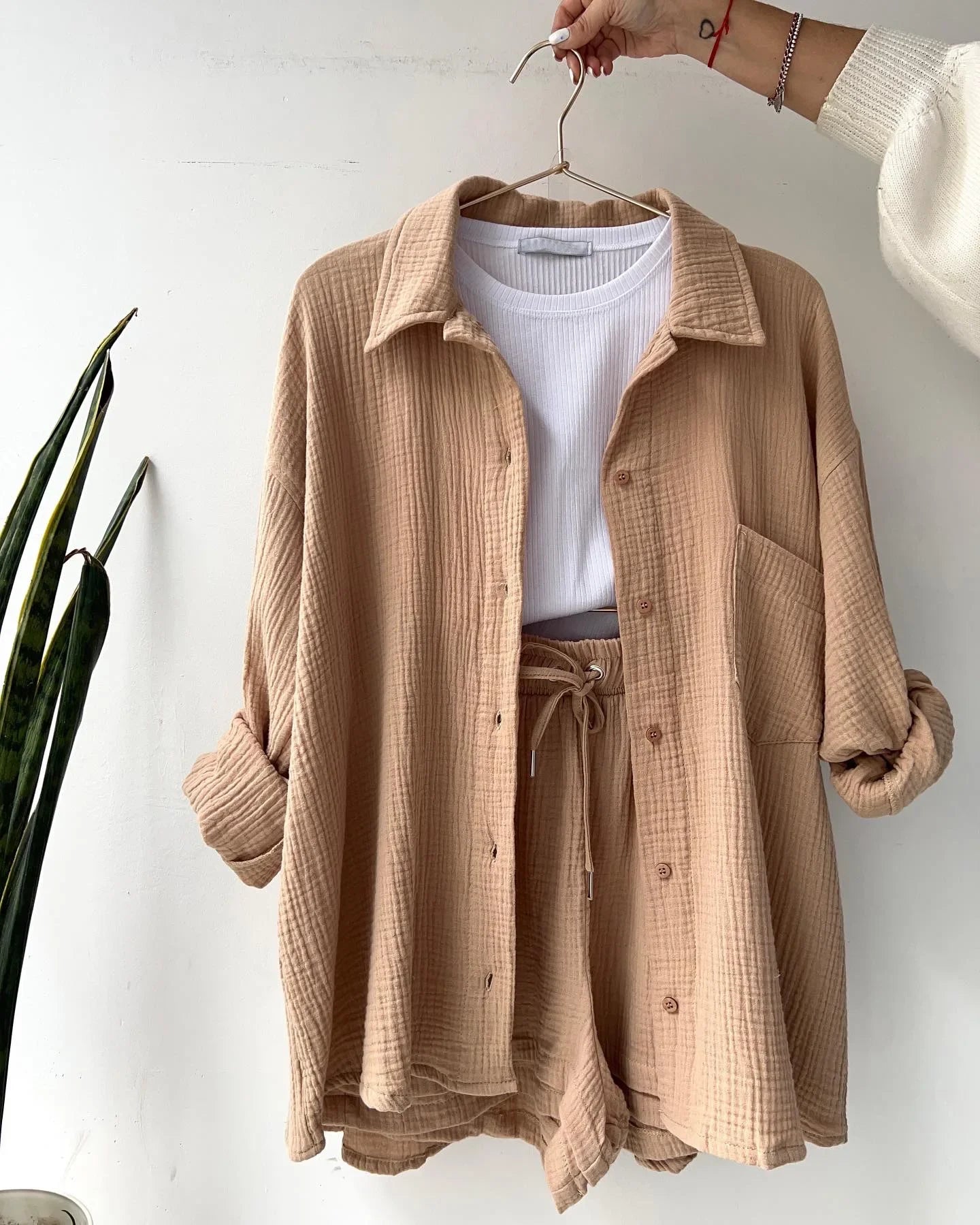 Long Sleeve Button Casual Pleated Two Piece Set – Fashion Solid Color