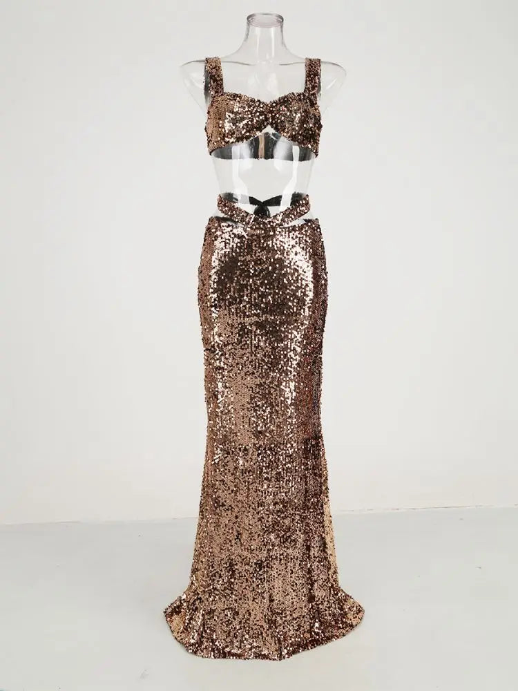 Brown Glitter Maxi Skirt Set
