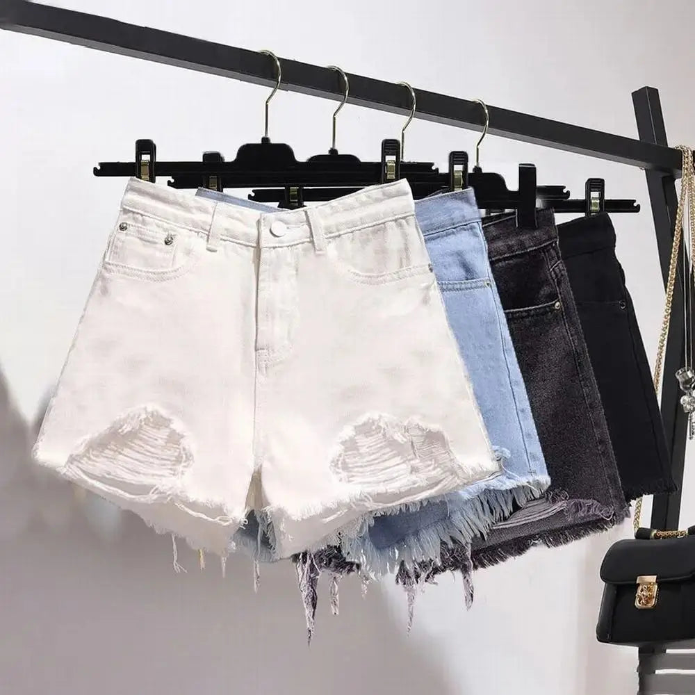 Cowboy Denim Shorts — Korean High Waist Tassel & Ripped Y2K