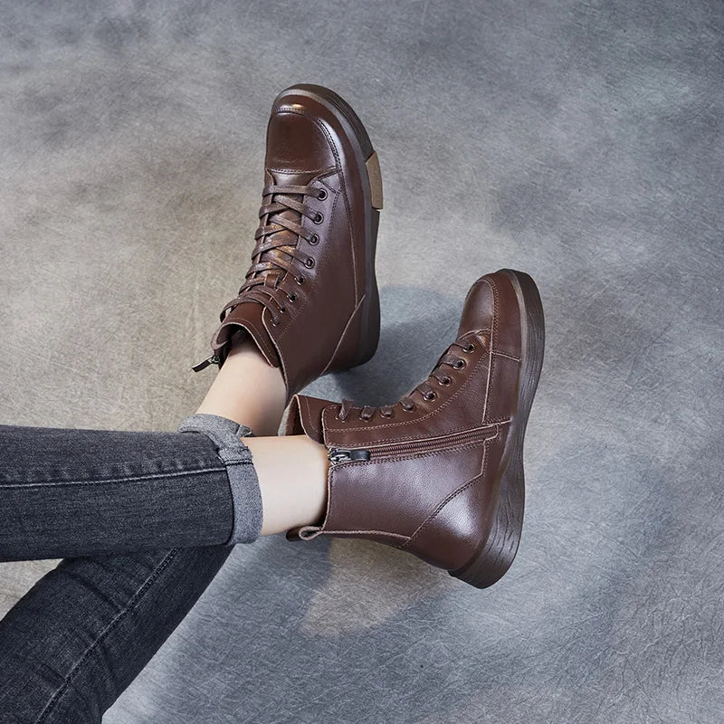 Drkanol | Genuine Leather Round Toe Short Boots – Retro Street Style