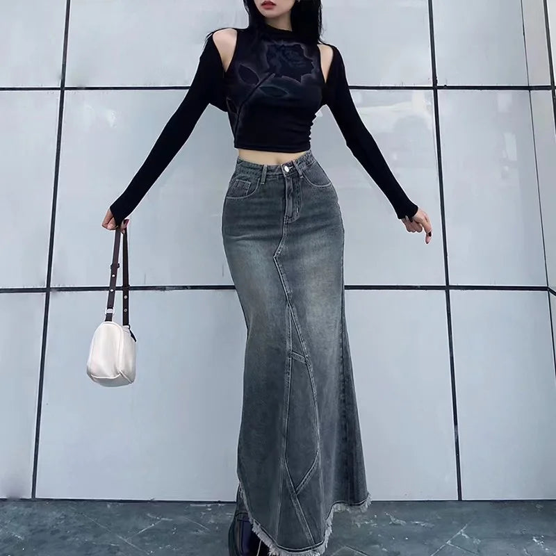 Retro Denim Long Skirt — Casual Autumn Street Style