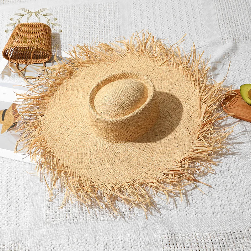 Natural Raffia Wide Brim Hat | Handwoven Straw – Travel & Beach Sun Protection