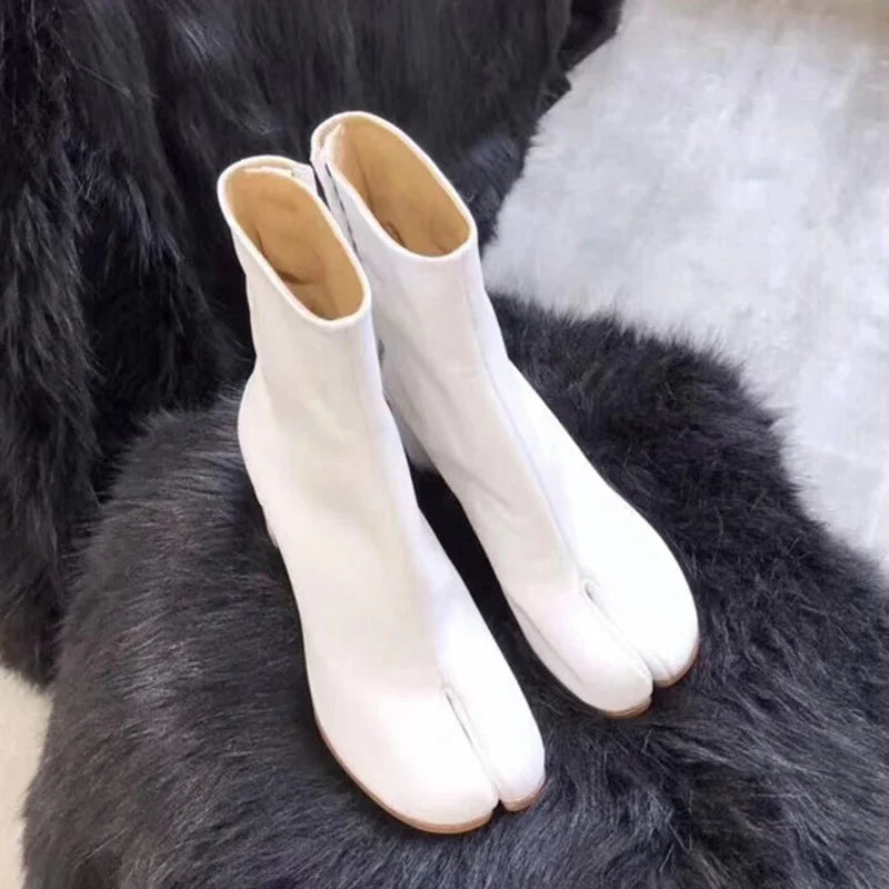 TabiEdge | Split Toe Chunky Heel Leather Boots – Autumn Comfort