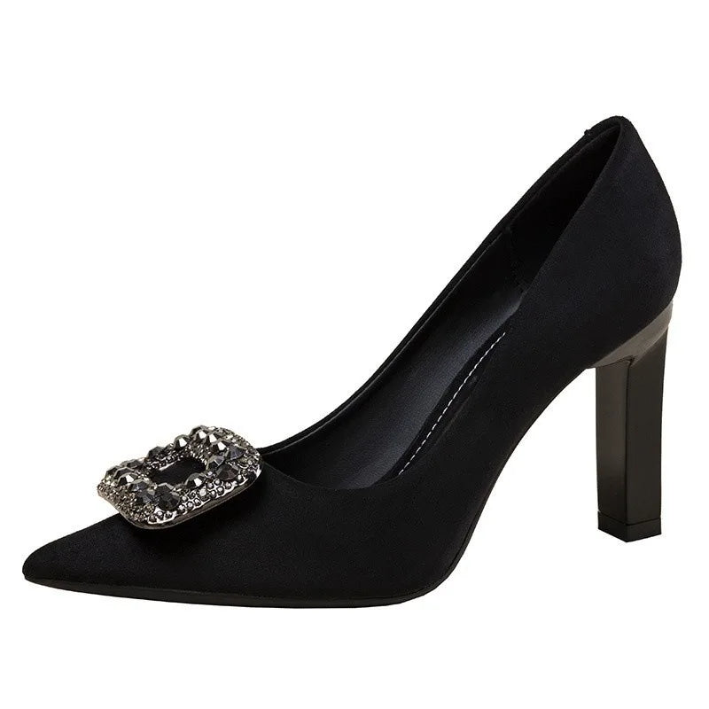 OnyxPro | Black Pointed Rhinestone Heels – Professional Thick Heel Pumps