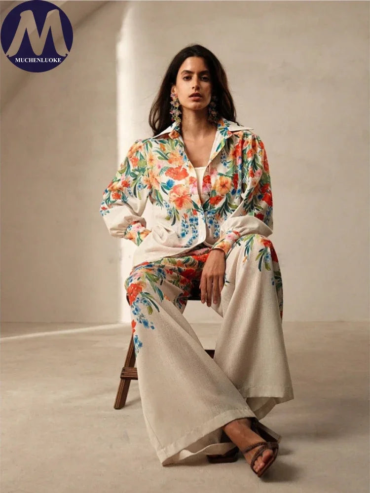 Printed Resort Set – Long Sleeve Shirt & Wide Pants