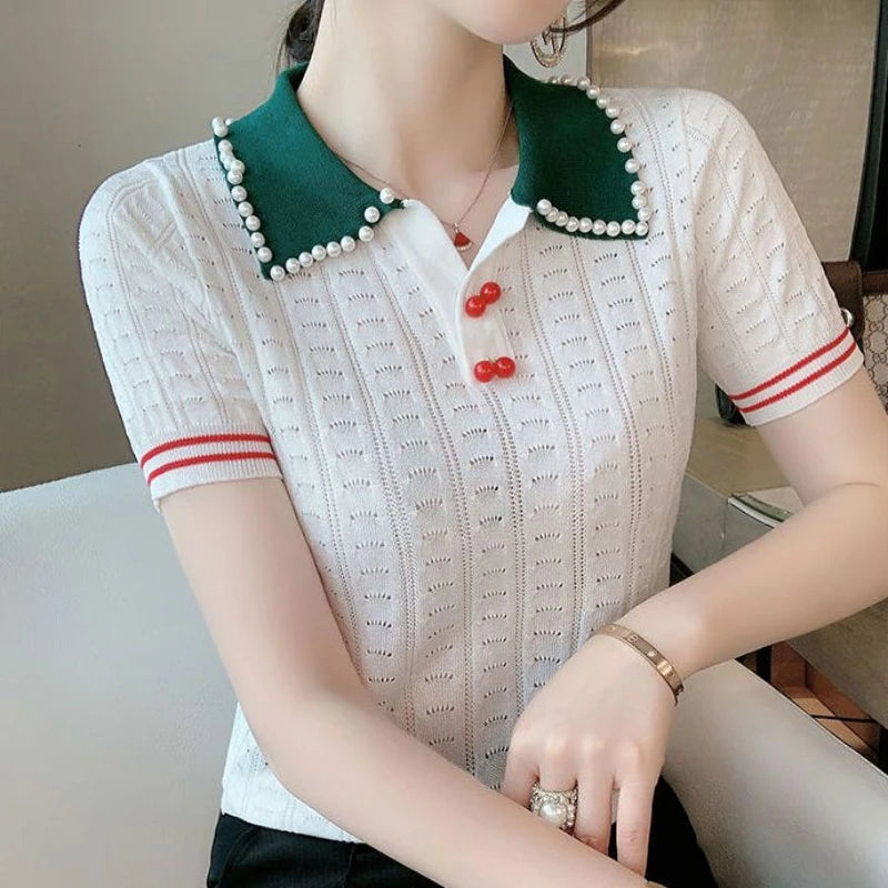 Beaded Polo Collar Top — Ice Silk Summer Sweater