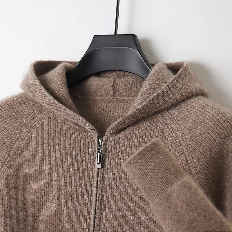 Thick Zippered Wool Knit Cardigan — Autumn Winter Casual Coat with Hood, 100% Wool
