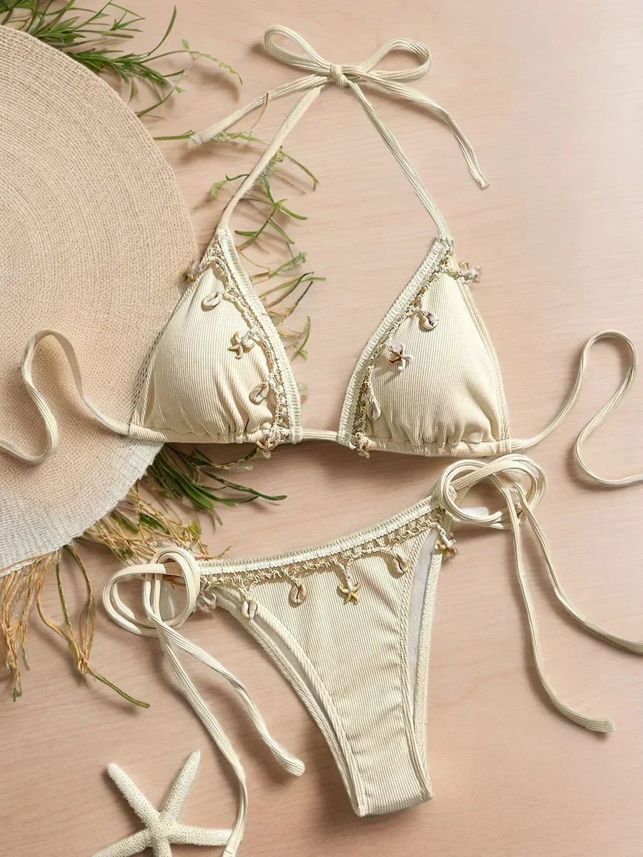 Halter Bikini with Shell Detail – Ribbed Texture