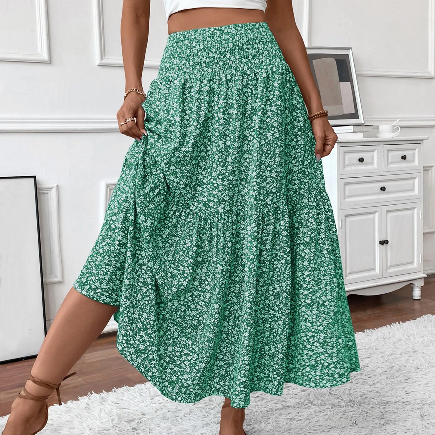 Pleated Floral Print A-Line Skirt — Elastic Waist Casual