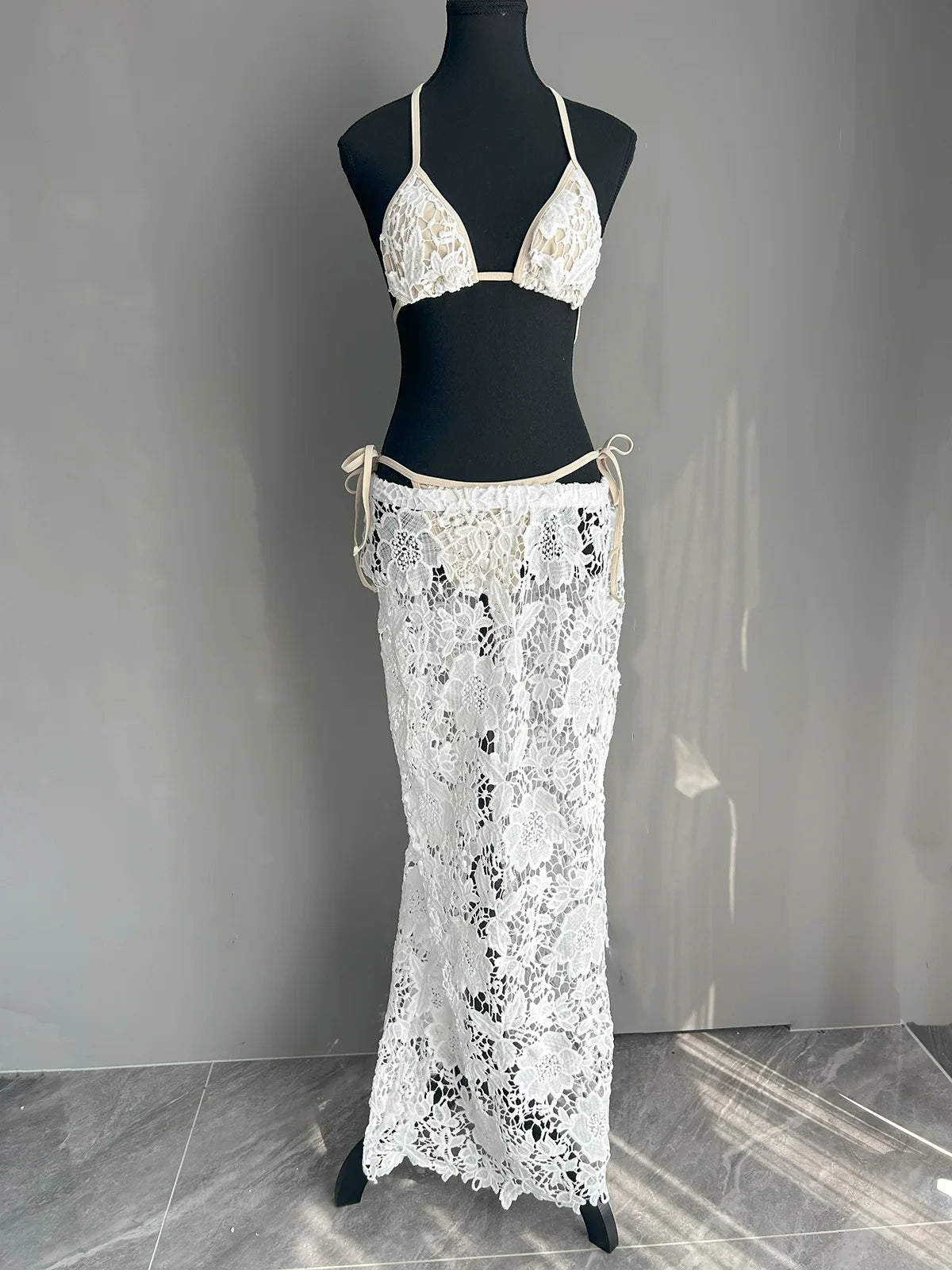 3-Piece Lace Bikini Set with Halter Top & Skirt