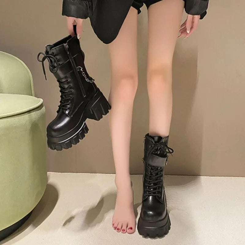 MotoMid | 9CM Chunky Platform Mid-Calf Combat Boots – Non-Slip