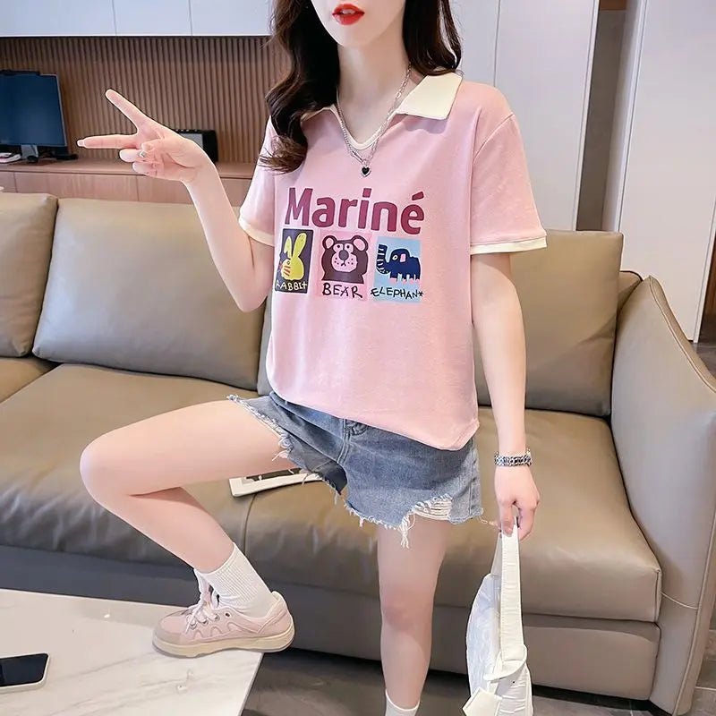 Contrasting Polo Neck Tee — Fashion V-neck Short Sleeve