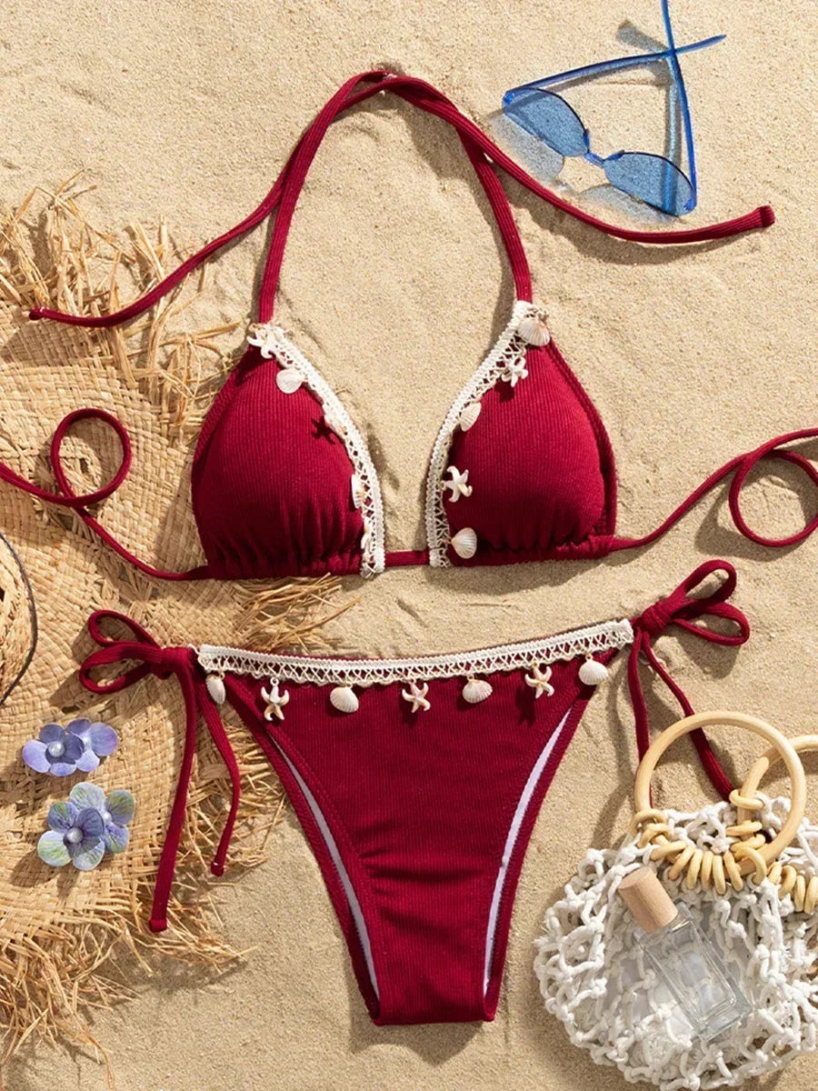 Halter Bikini with Shell Detail – Ribbed Texture