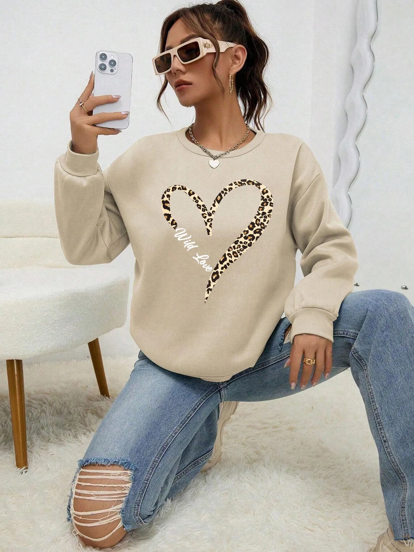Leopard Heart Crewneck — Fur-Lined Sweatshirt, Urban Wild Print