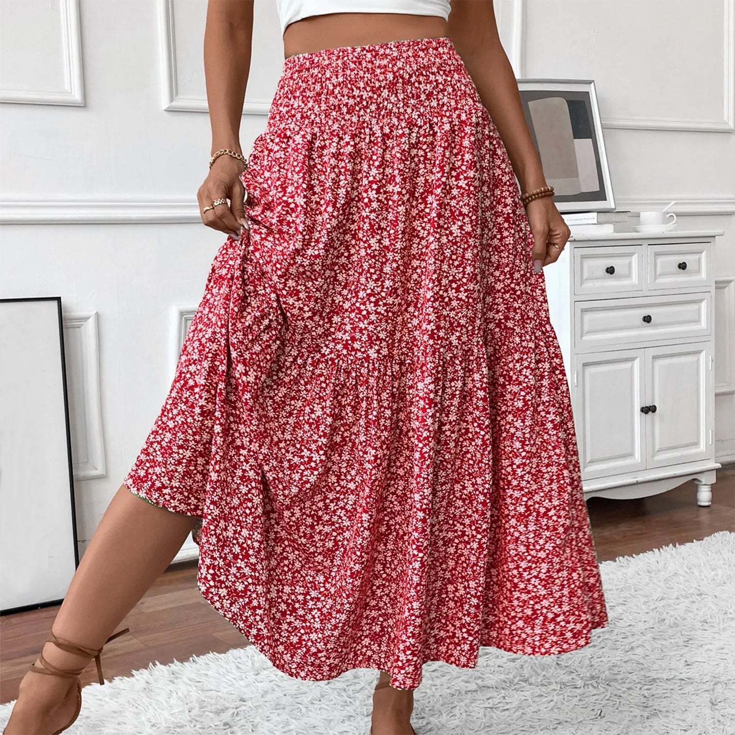 Pleated Floral Print A-Line Skirt — Elastic Waist Casual