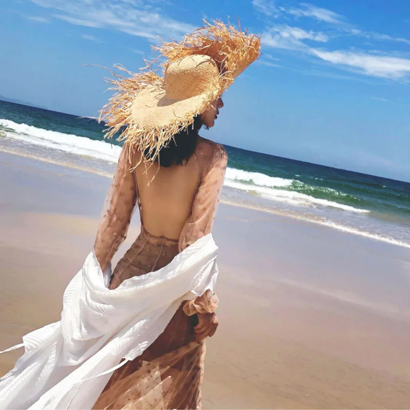 Natural Raffia Wide Brim Hat | Handwoven Straw – Travel & Beach Sun Protection