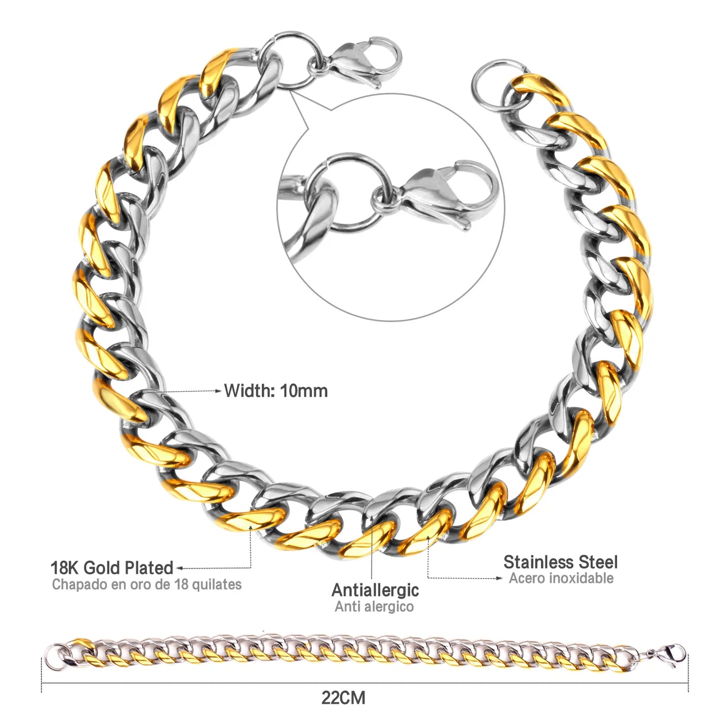 Cuban Chain Bracelet – Stainless Steel, Gold-Tone, Punk Style Jewelry for Men & Women
