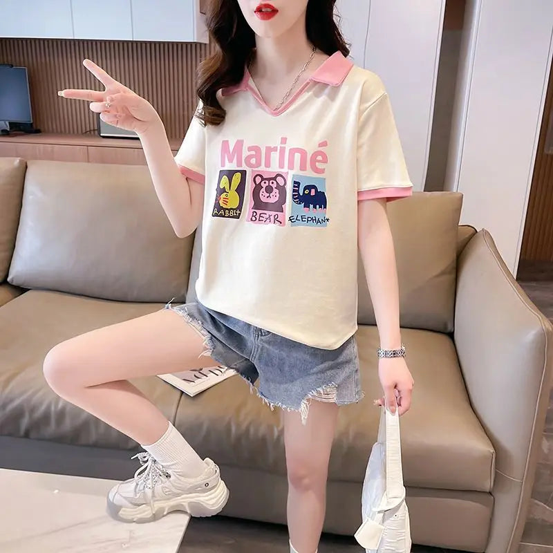 Contrasting Polo Neck Tee — Fashion V-neck Short Sleeve
