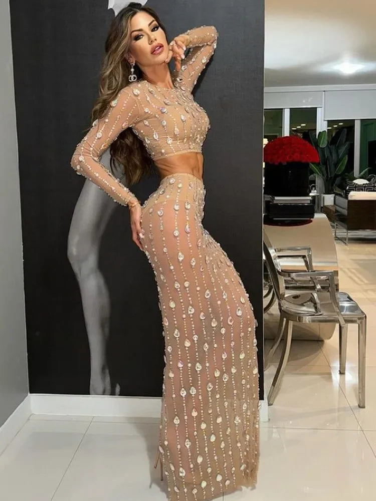 Rhinestone Mesh Top & Skirt Gala Set