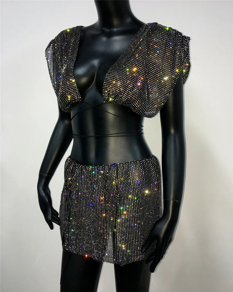 Deep V Rhinestone Top & Mini Skirt