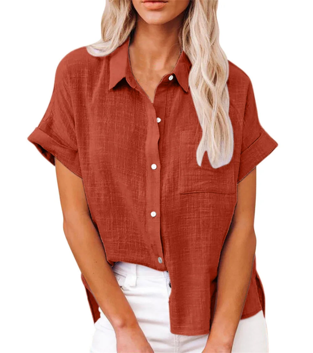 Classic V-Neck Blouse — Short Sleeve, Loose Fit, White