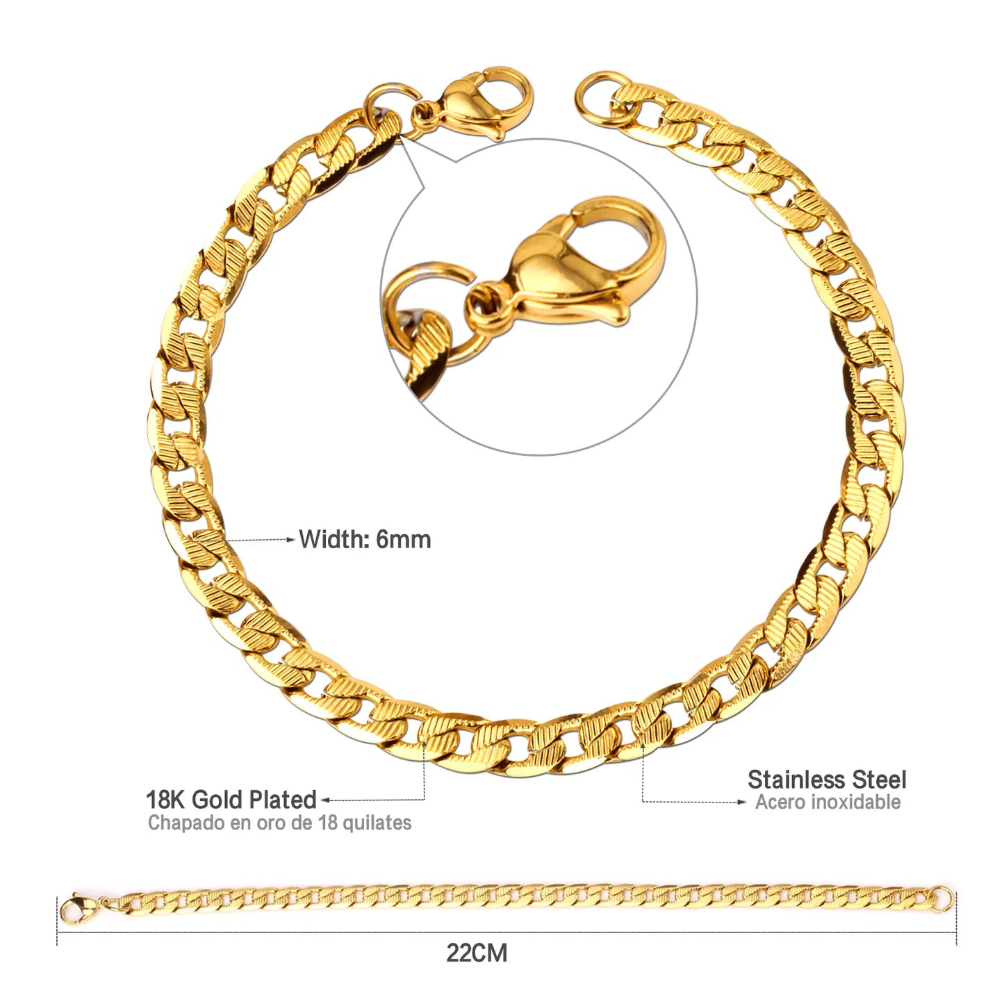 Cuban Chain Bracelet – Stainless Steel, Gold-Tone, Punk Style Jewelry for Men & Women
