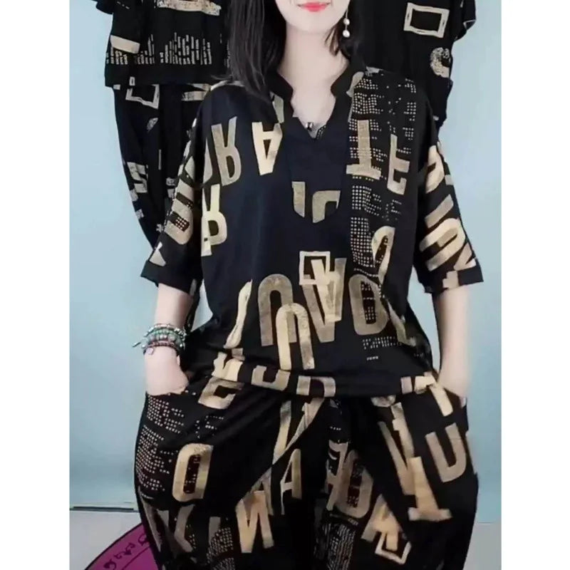Loose Print Top & Harem Pants Set – Casual Two Piece Outfit