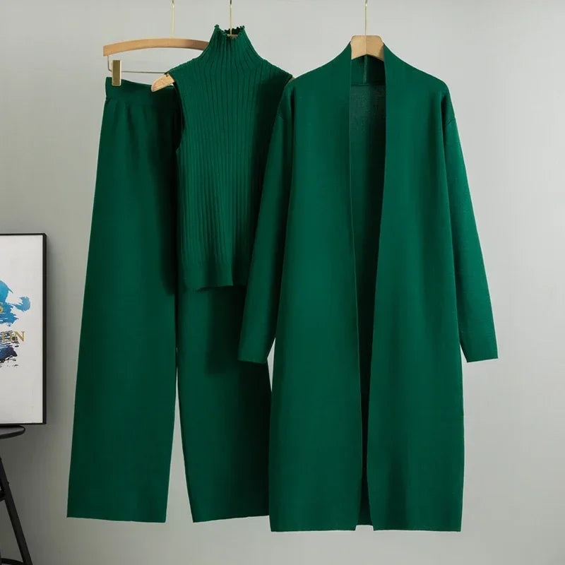 Vintage Cardigan Tracksuit – Knitted Sweater & Pant Three Piece Set