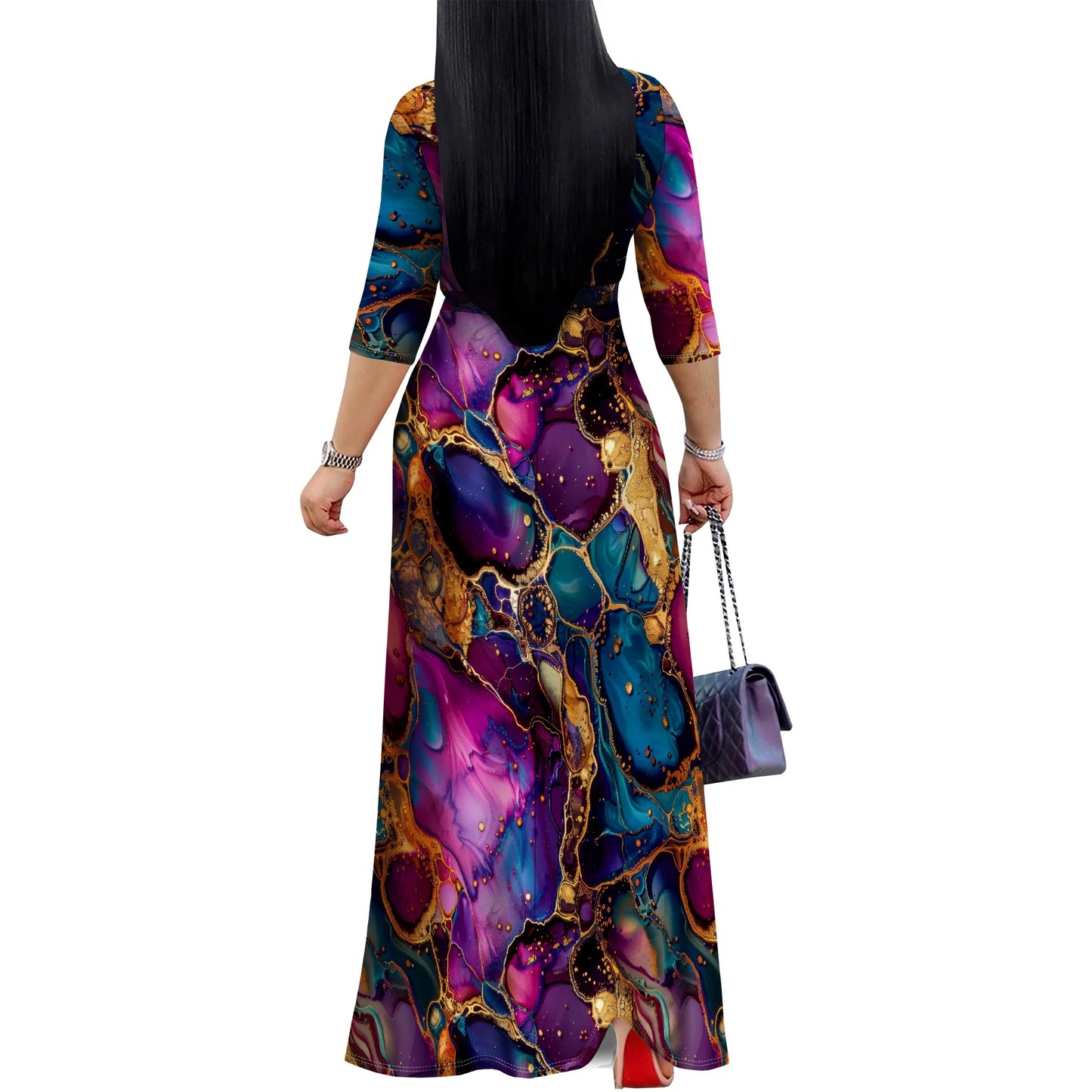 Deep Abstract Ink Print Maxi Dress — Vacation Party Long Dress S-XXL